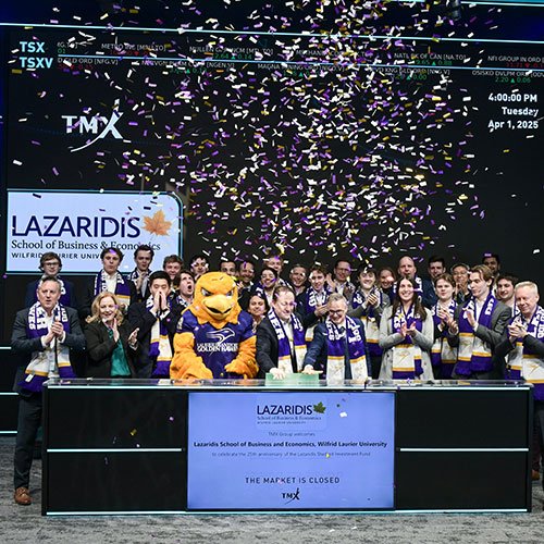 Lazaridis School group with Dean Kyle Murray at TSX close (2025)