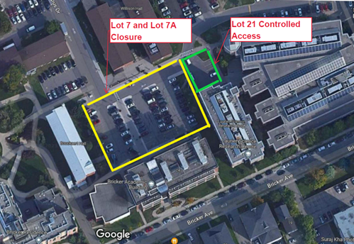 parking lot closures and restrictions at Bricker Academic Building