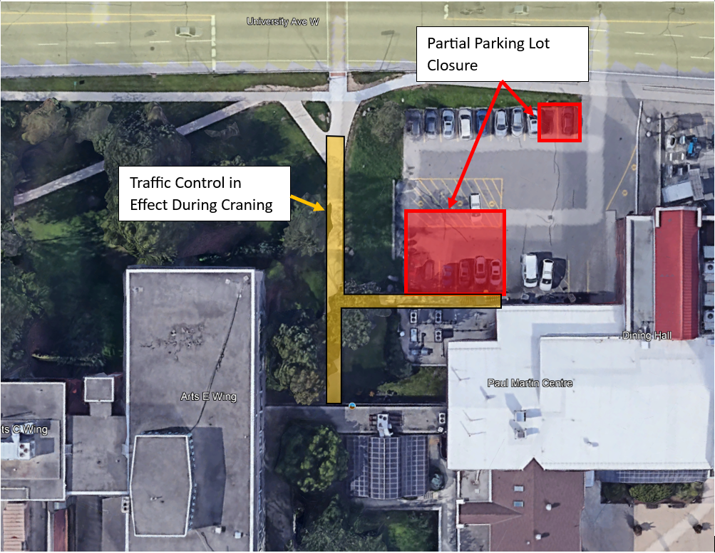 The photos displays impacted parking Lot 11 closures and the building access that are required to accommodate the construction associated with the accommodate the work associated with the Arts Building Roofing project.